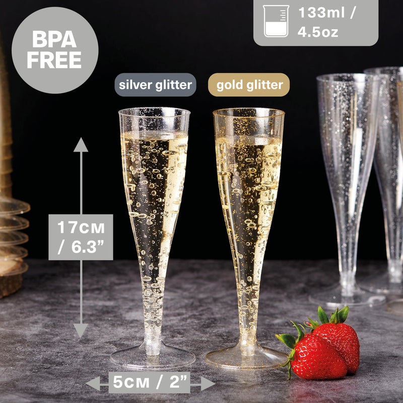 MATANA 120 Silver & Gold Glitter Plastic Champagne Flutes, 5 Oz Plastic Champagne Glasses for Parties, Clear Plastic Toasting Glasses, Mimosa Glasses, Wedding Party Cocktail Cups, Reusable | Bulk Pack - Image 2